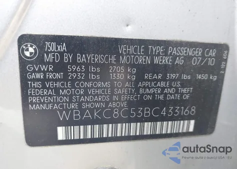 2011 BMW 750Li xDrive из США, поврежденный, VIN WBAKC8C53BC433168